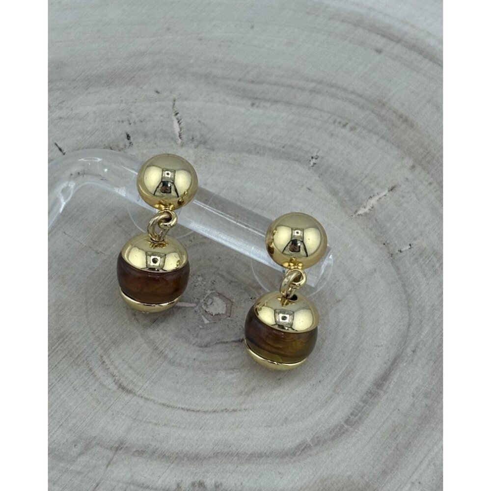 Gold Tone Tiger Eye Bead Drop Earrings Stud Dangle Vintage Style Costume Jewelry - Picture 4 of 6